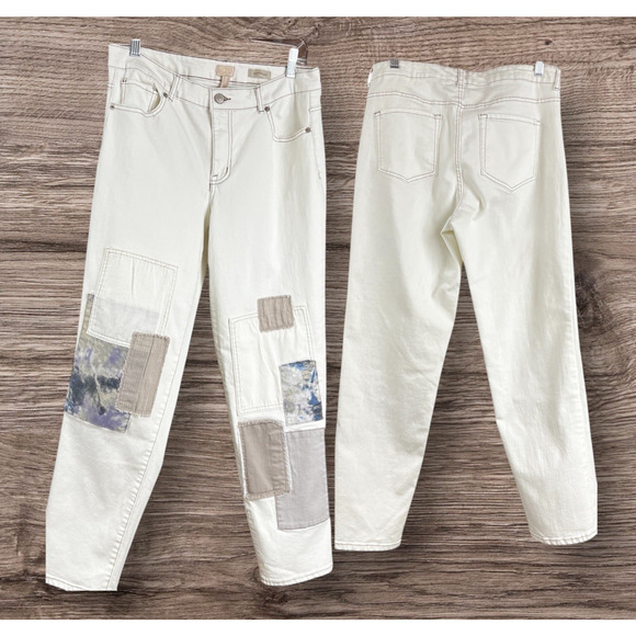 LOGO Lavish Women’s Patchwork Cropped Straight Leg Jeans Cream Denim Size 10 - Picture 2 of 13